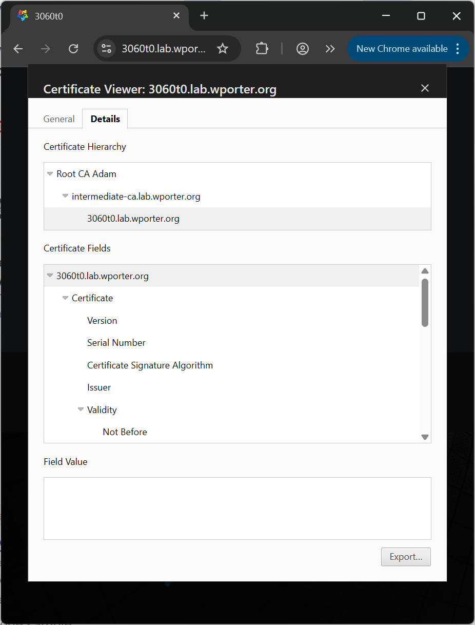 A screenshot of the certificate dialog in Google Chrome, showing a trusted internal certificate’s chain of signatures