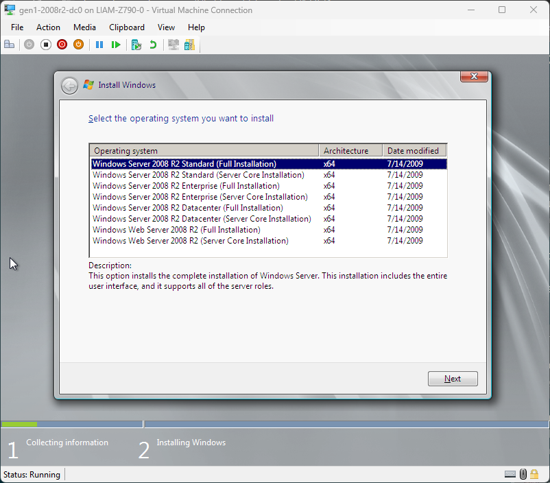 A screenshot of the Windows Server 2008 R2 installer showing the different versions of the 2008 R2 operating system available for installation