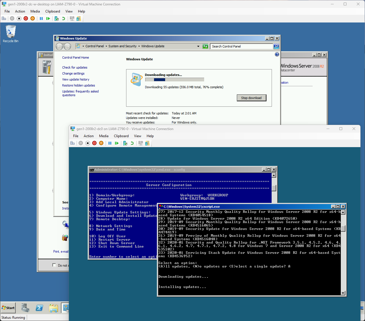 An image of two Windows Server 2008 R2 Hyper-V VMs installing updates