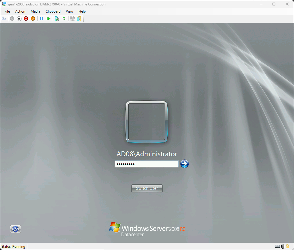 A screenshot of the AD08\Administrator login prompt on our new 08r2dc0 domain controller for the new AD08 domain