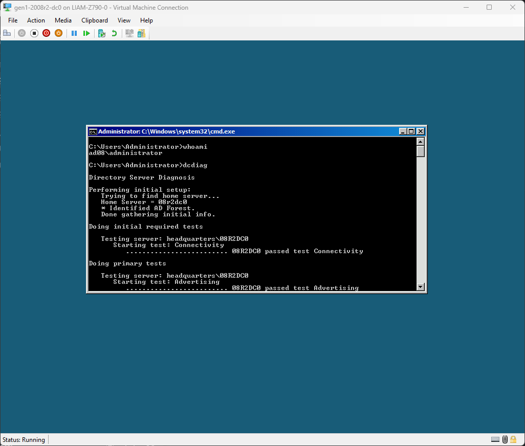 A screenshot of whoami and dcdiag on our new 08r2dc0 Active Directory Domain Controller