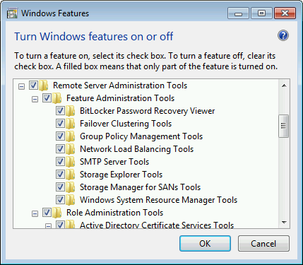 A screenshot of the ’turn Windows features on or off’ dialog on our Windows 7 workstation, showing all of the Remote Server Administration Tools features enabled