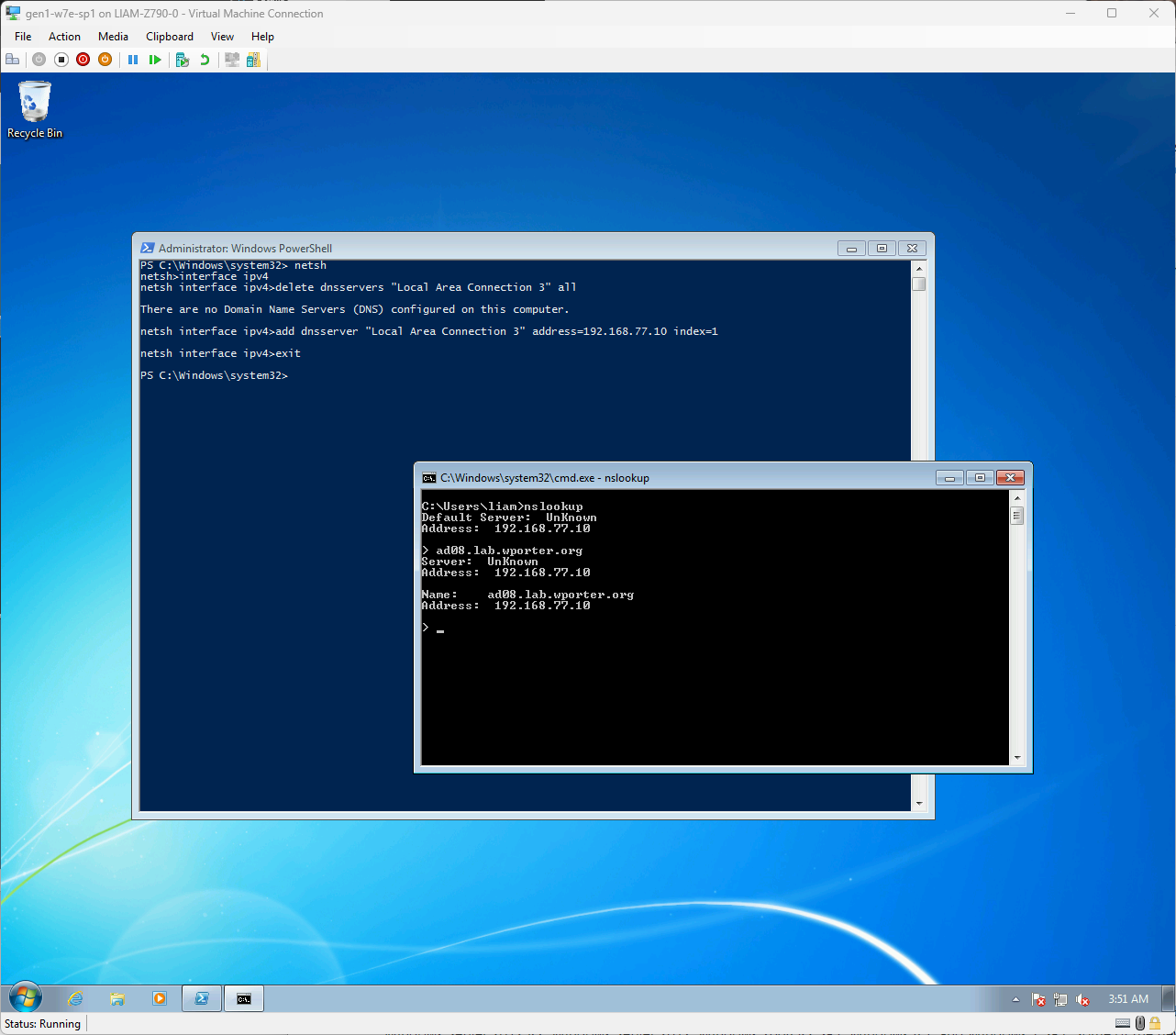 A screenshot of a Windows 7 desktop demonstrating working “ad08.lab.wporter.org” domain name resolution (to the 08r2dc0 server’s 192.168.77.10 IPv4 address)