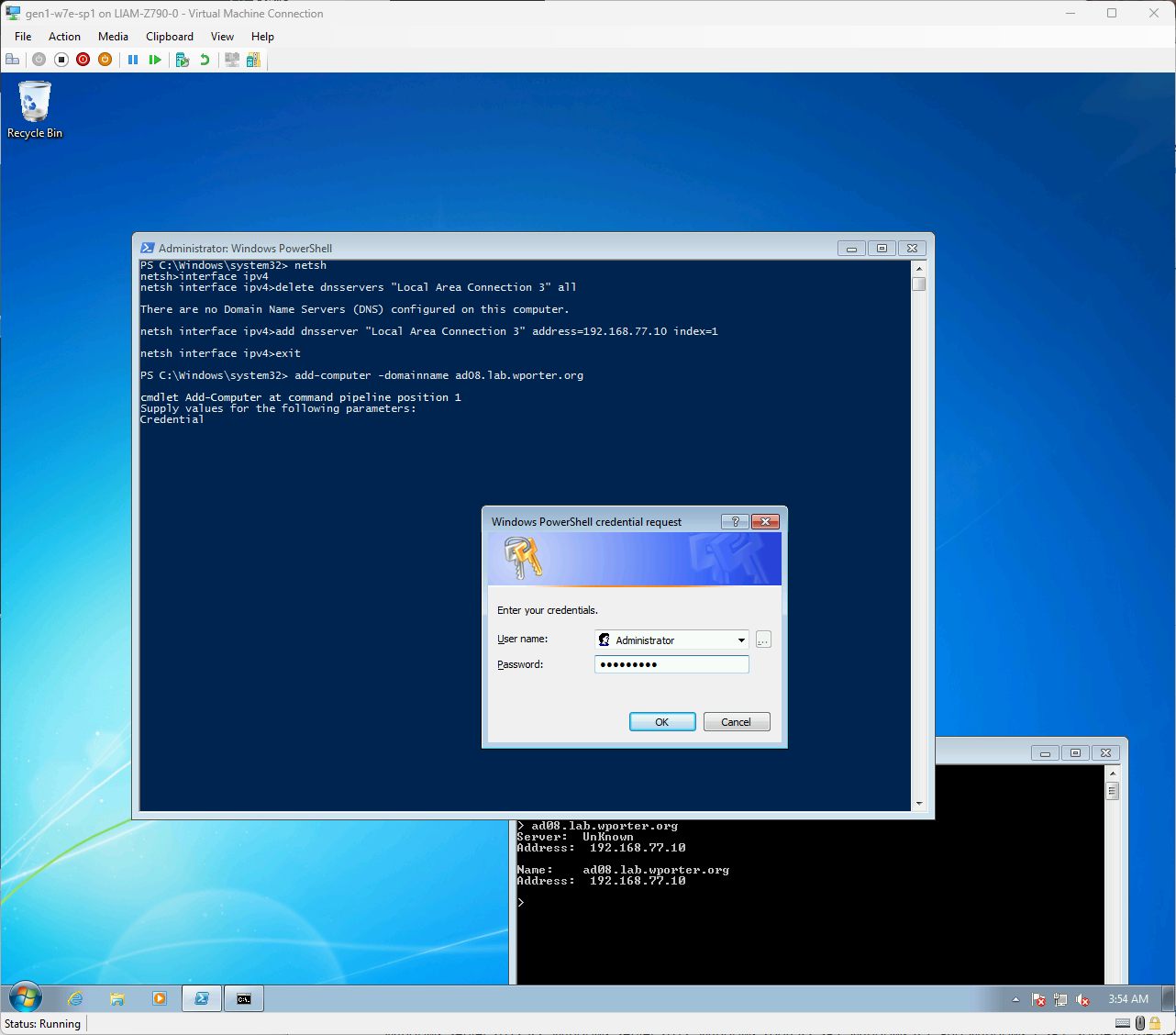 A screenshot of a Windows 7 desktop showing the Add-Computer cmdlet’s automatic credential prompt for a domain join