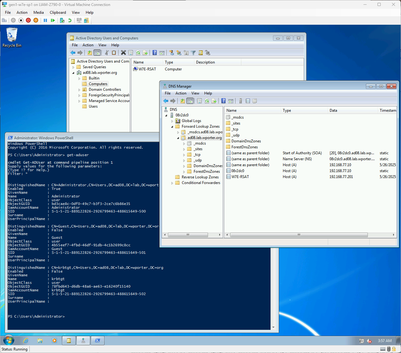 A screenshot of our Windows 7 RSAT workstation showing Active Directory PowerShell, the DNS Manager MMC, and the Active Directory Users and Computers MMC