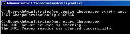A screenshot of a command prompt on 08r2dc0 showing the sc config dhcpserver start= auto and net start dhcpserver commands and their output