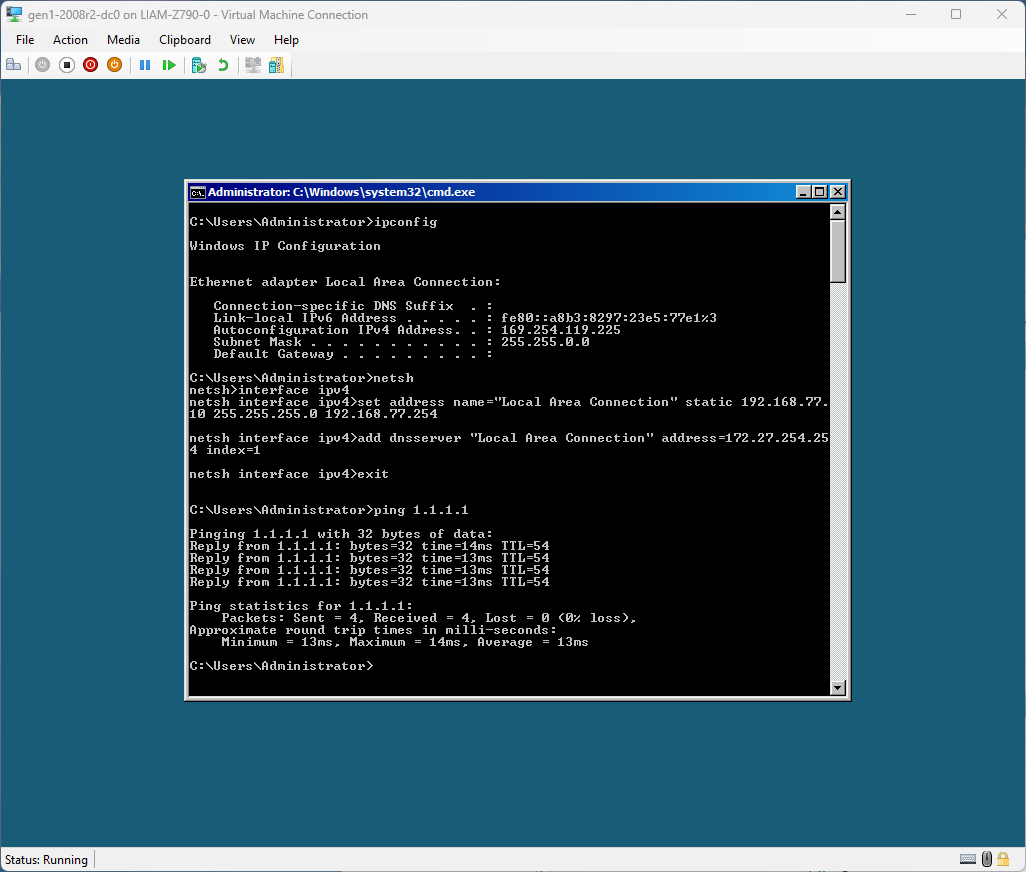 A screenshot of a Server 2008 R2 Core VM showing the configuration of a static IPv4 address and DNS server via netsh, then a successful ping to 1.1.1.1