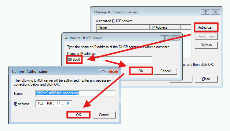 A screenshot of the several graphical steps to add a DHCP server as an ‘authorized server’ via the DHCP MMC