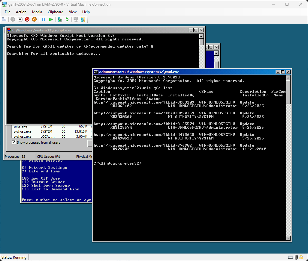 A screenshot of 08r2dc1 installing Windows updates, with a wmic qfe list command in the foreground showing the updates that have already been installed