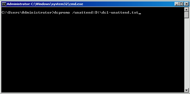 A screenshot of a dcpromo /unattend:D:\dc1-unattend.txt command on 08r2dc1