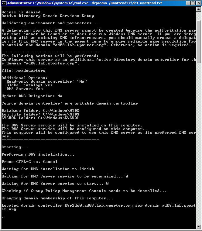 A screenshot of dcpromo output on 08r2dc1 mid process