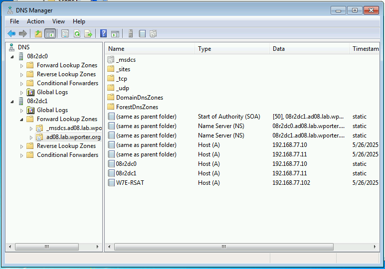 A screenshot of the DNS Manager MMC on a RSAT workstation showing both 08r2dc0 and 08r2dc1 as available DNS servers