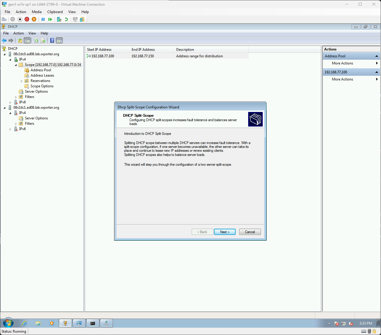 A screenshot of a Windows 7 desktop showing the introduction to the DHCP MMC ‘split scope wizard’