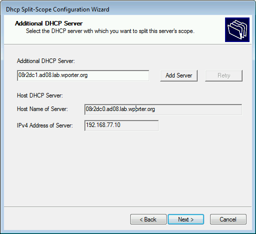 A screenshot of the ‘split scope wizard’ with ‘08r2dc1.ad08.lab.wporter.org’ selected in the ‘Additional DHCP Server’ dialog (as a server to split 08r2dc0.ad08.lab.wporter.org’s DHCP scope with)