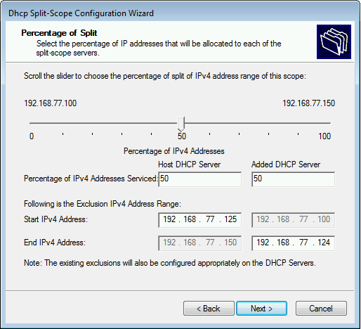 A screenshot of the ‘split scope wizard’ with options to configure the percentage of DHCP scope assigned to each server