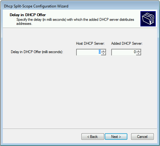A screenshot of the ‘split scope wizard’ with options to configure ‘Delay in DCHP Offer’ for each server involved