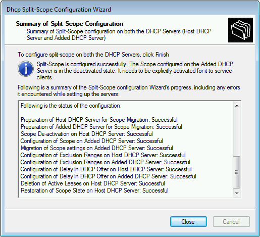 A screenshot of the ‘split scope wizard’ final screen, showing Successful status messages for scope configuration on our DC1