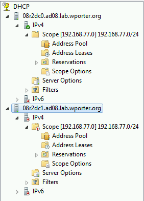 A screenshot of the left-side ‘servers and scopes’ overview in the Windows DHCP MMC