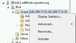 A screenshot of the Windows DHCP MMC right-click context menu for a scope