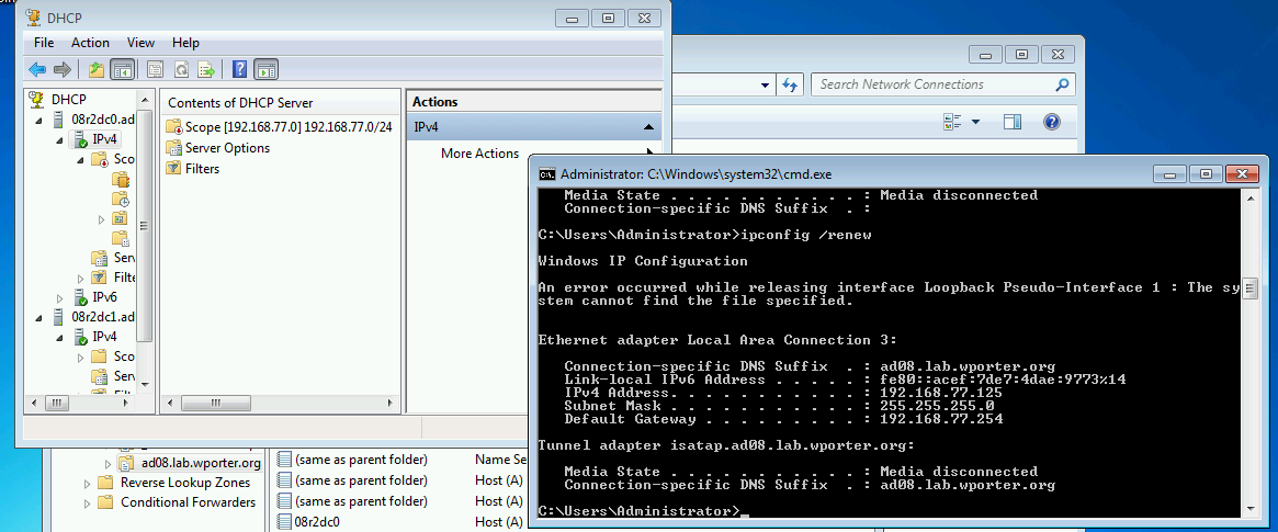 A screenshot of Windows 7 showing the DHCP MMC and the output of “ipconfig” showing that the workstation has received an IPv4 address from our “DC1” server’s DHCP service