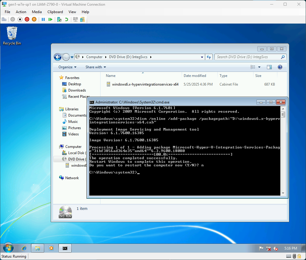 A screenshot of a Windows 7 workstation showing the installation of a Hyper-V Integration Services cabinet file with DISM