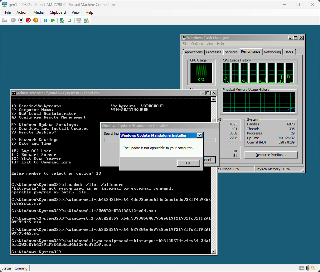 A screenshot of a Windows Update Standalone Installer error dialog on a Server 2008 R2 Core VM