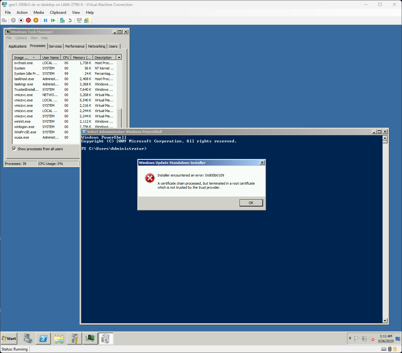 A screenshot of a Server 2008 R2 desktop showing a Windows Update Standalone Installer error about an untrusted root certificate in the update package’s certificate chain