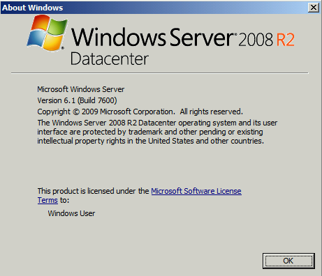 A screenshot of Winver on a Server 2008 R2 VM, build 7600 (non-SP1)