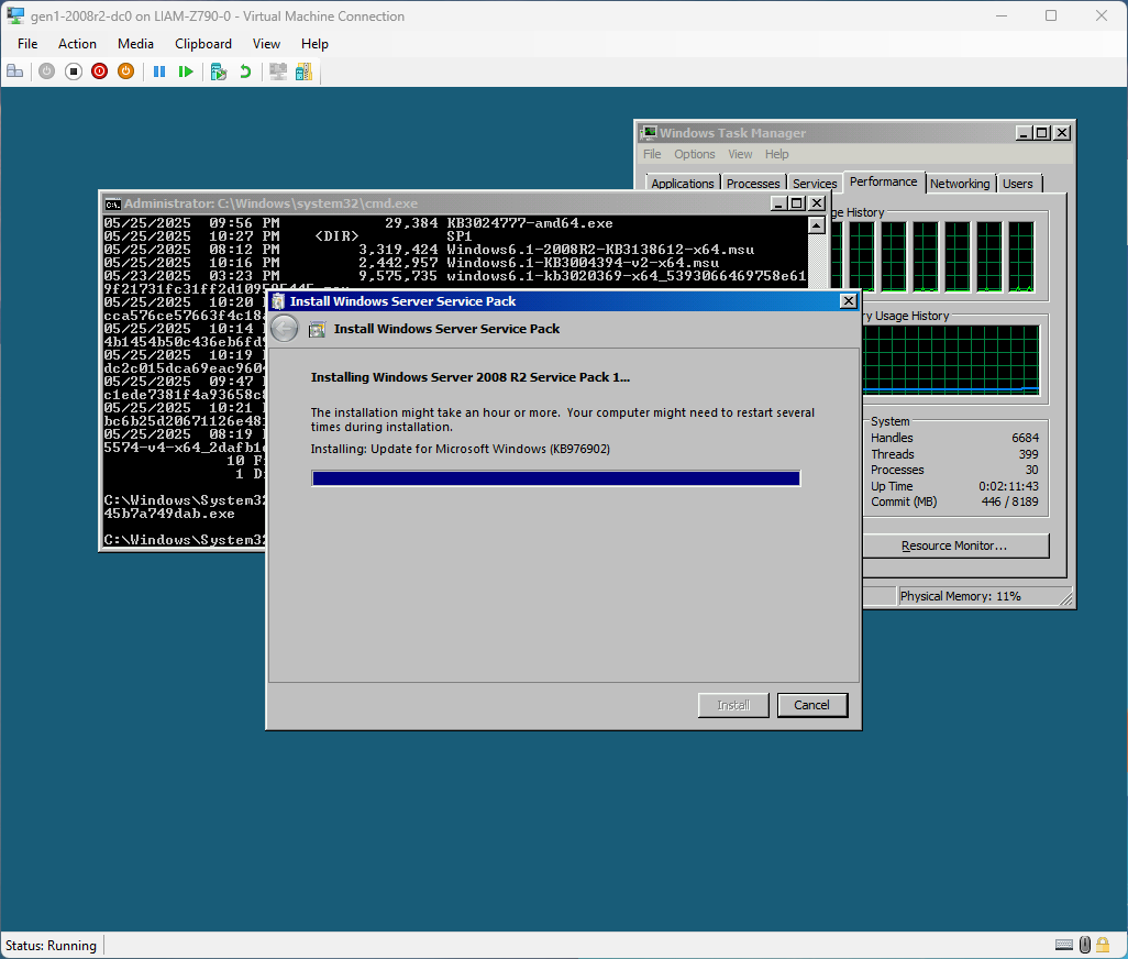 An image of a Windows Server 2008 R2 VM (our 08r2dc0) installing Server 2008 Service Pack 1