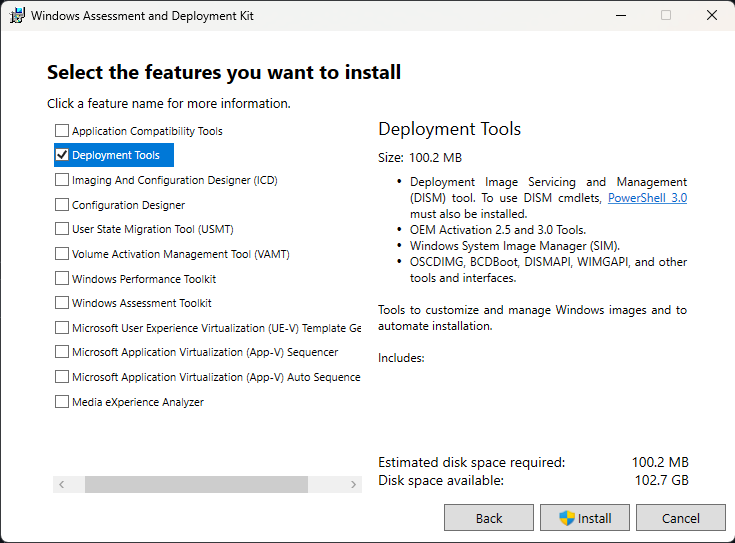 A screenshot of the Windows Assessment and Deployment Toolkit installer with just the Deployment Tools option selected