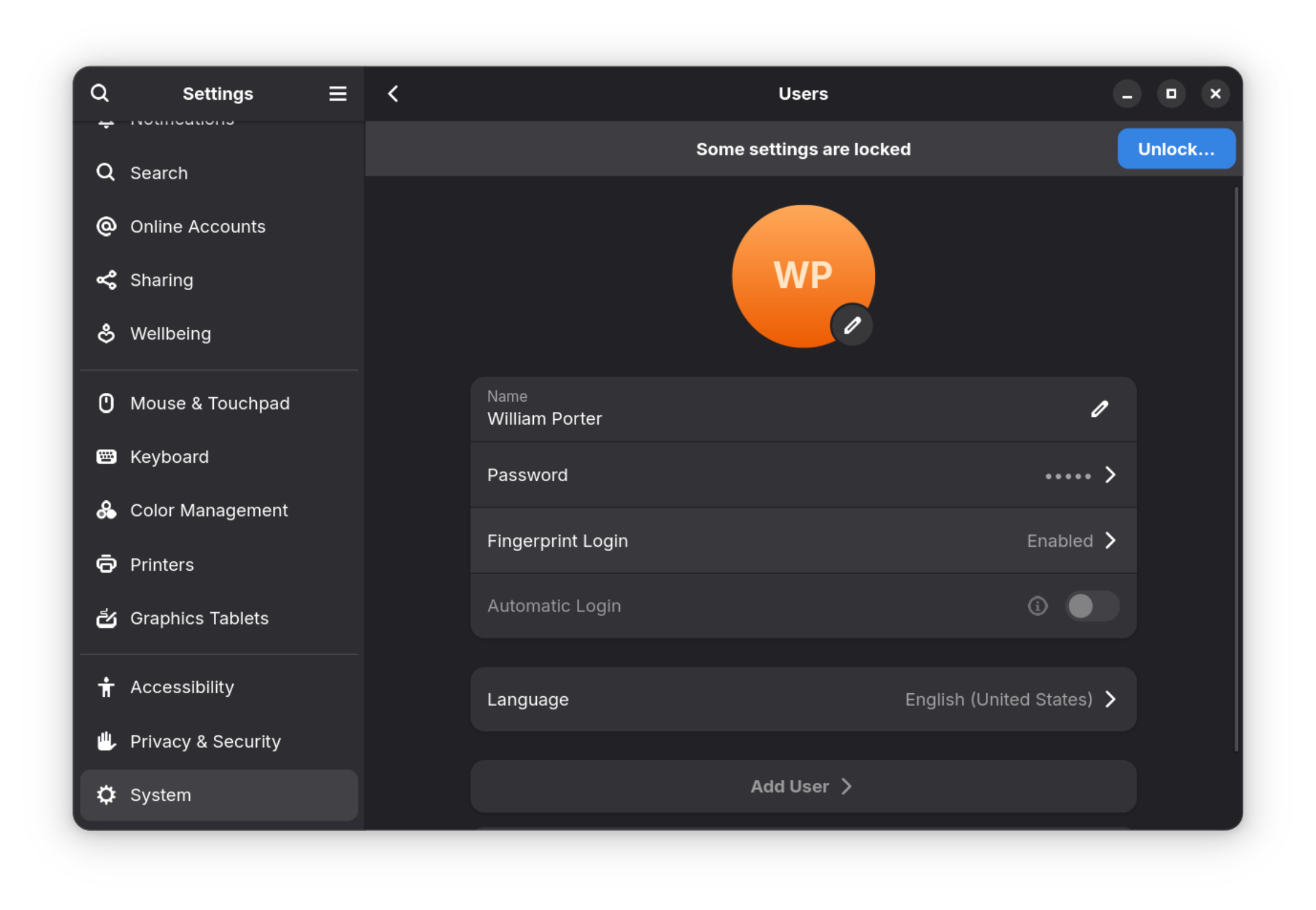 A screenshot of the GNOME accounts page, with the ‘set up a fingerprint’ option highlighted