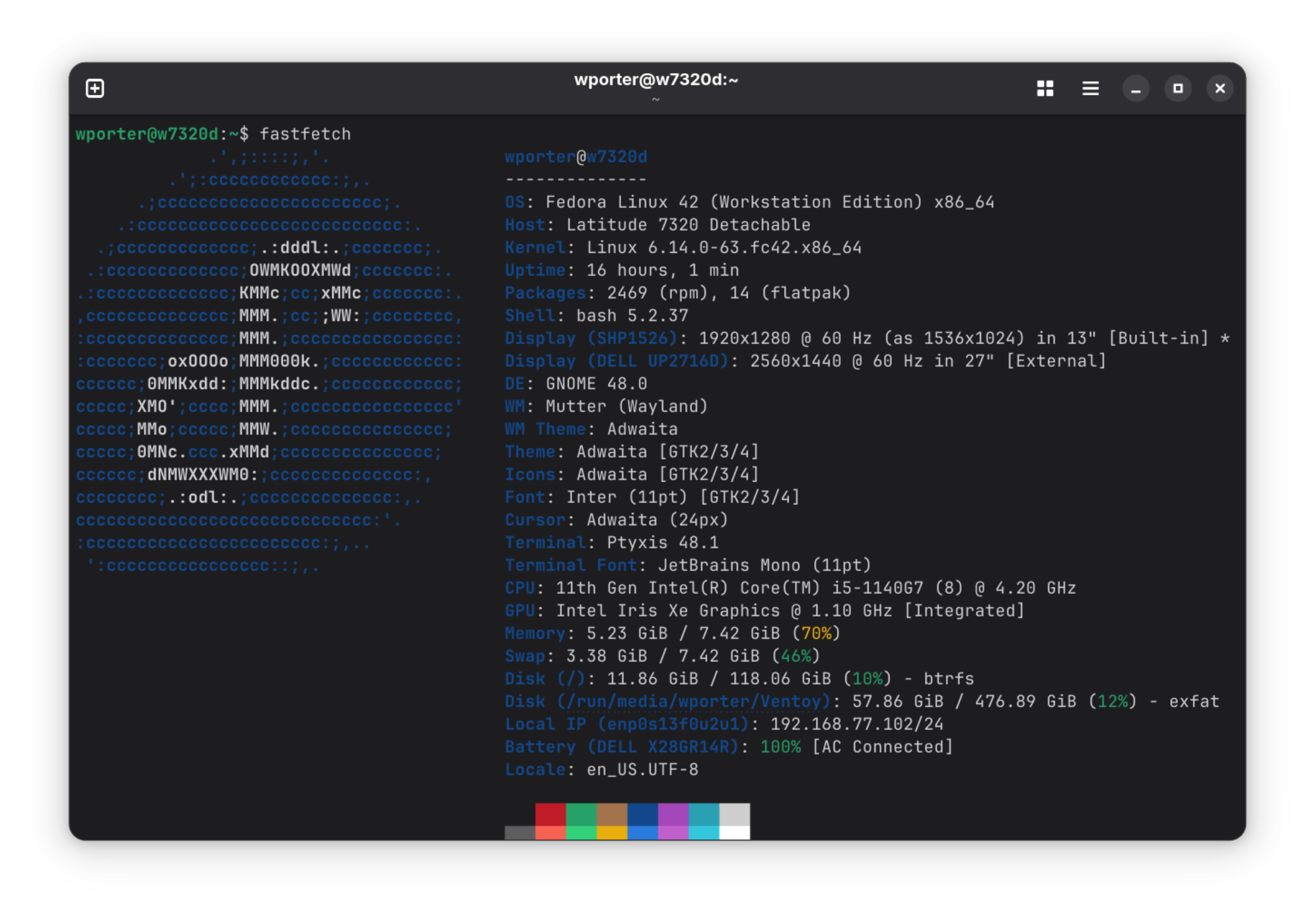The output of Fastfetch in a Gnome Terminal bash session on the Latitude 7320 running Fedora 42