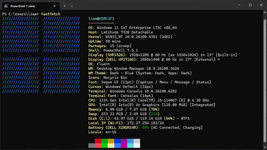 The output of Fastfetch in a Windows Terminal PowerShell 7 session on the Latitude 7320
