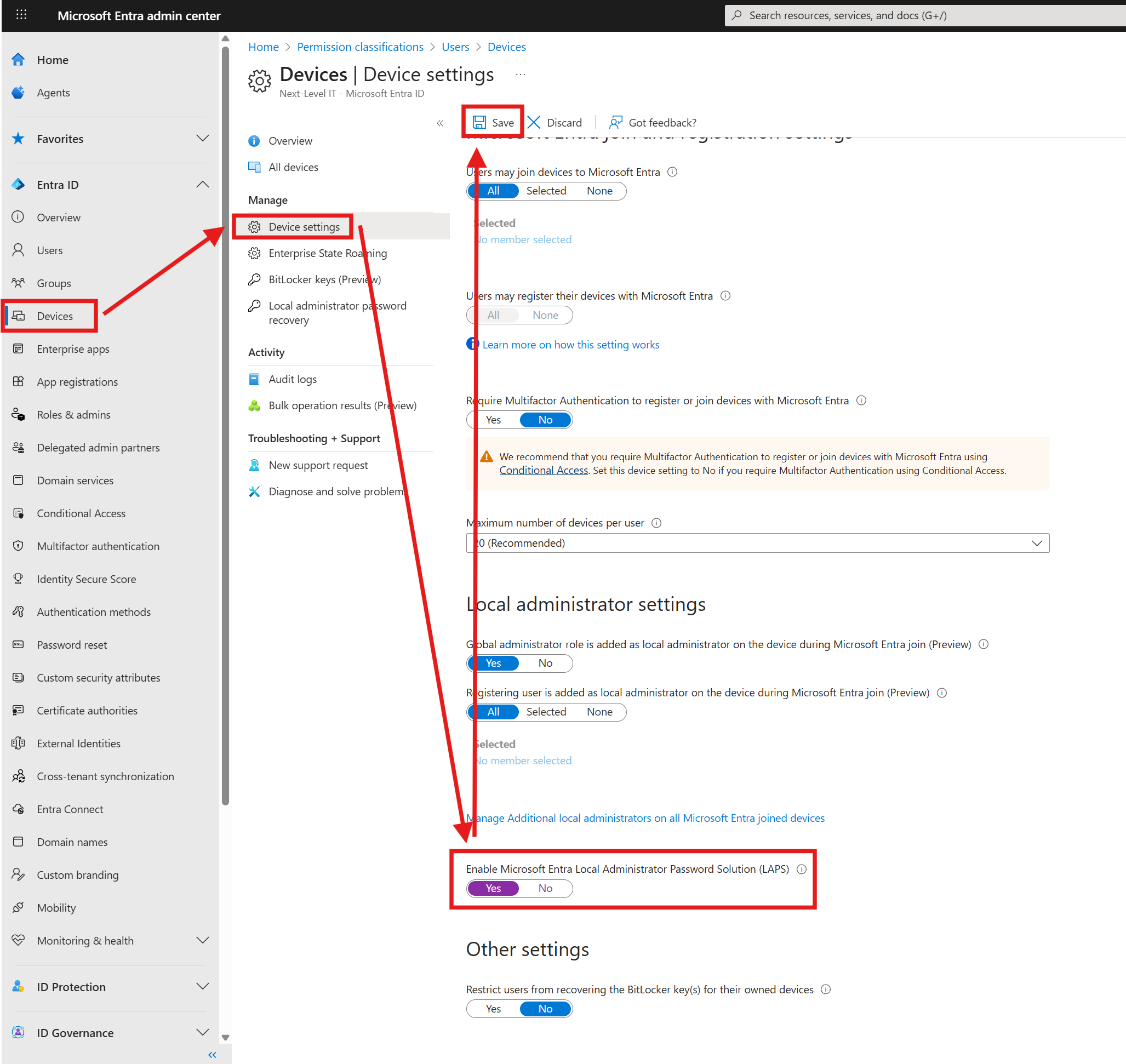The Entra admin center, with the toggle for LAPS highlighted.