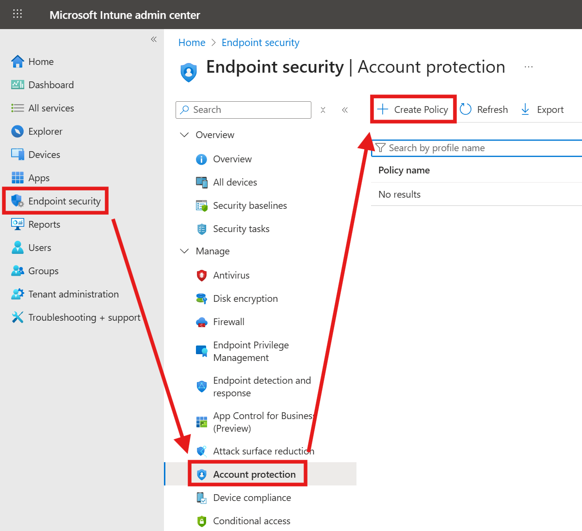 The Intune admin center, demonstrating how to create a new Account Protection Policy in the Endpoint Security blade.