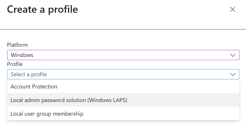 The options for Endpoint Security profiles, with the LAPS option highlighted.
