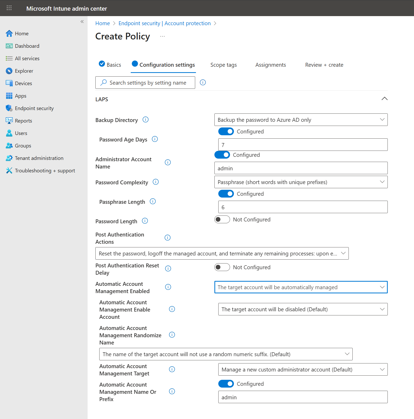 A screenshot of the LAPS policy options.