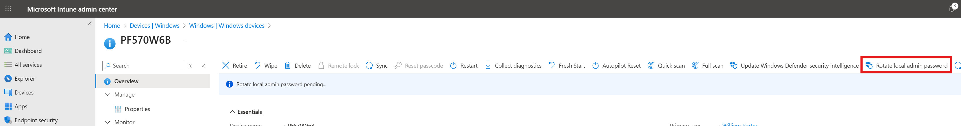 A screenshot of the Intune admin center page for a device, highlighting the option to rotate the local admin password manually.