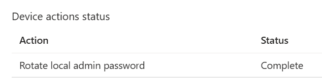 The ‘device actions status’ pane showing a successful local admin password rotation event.