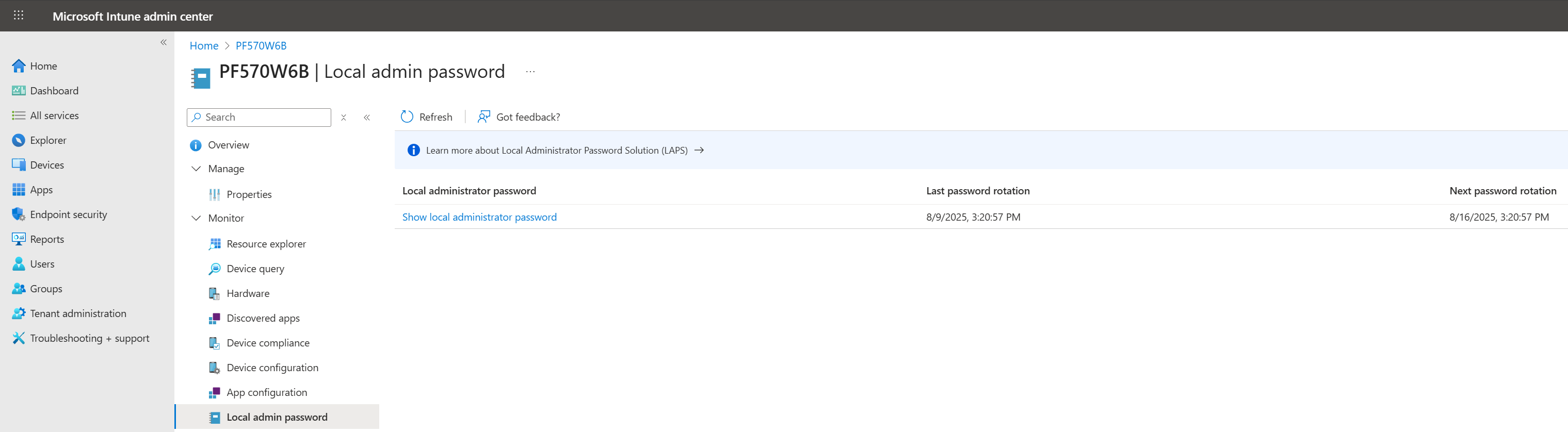 Retrieving a device’s local admin password from the Intune admin center, in the Device > Local Admin Password pane.