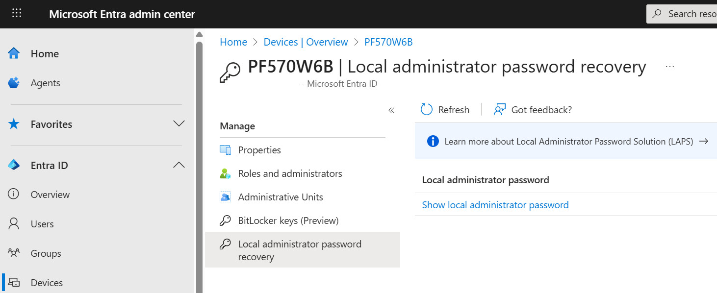 Retrieving a device’s local admin password from the Intune admin center, in the Device > Local administrator password recovery pane.