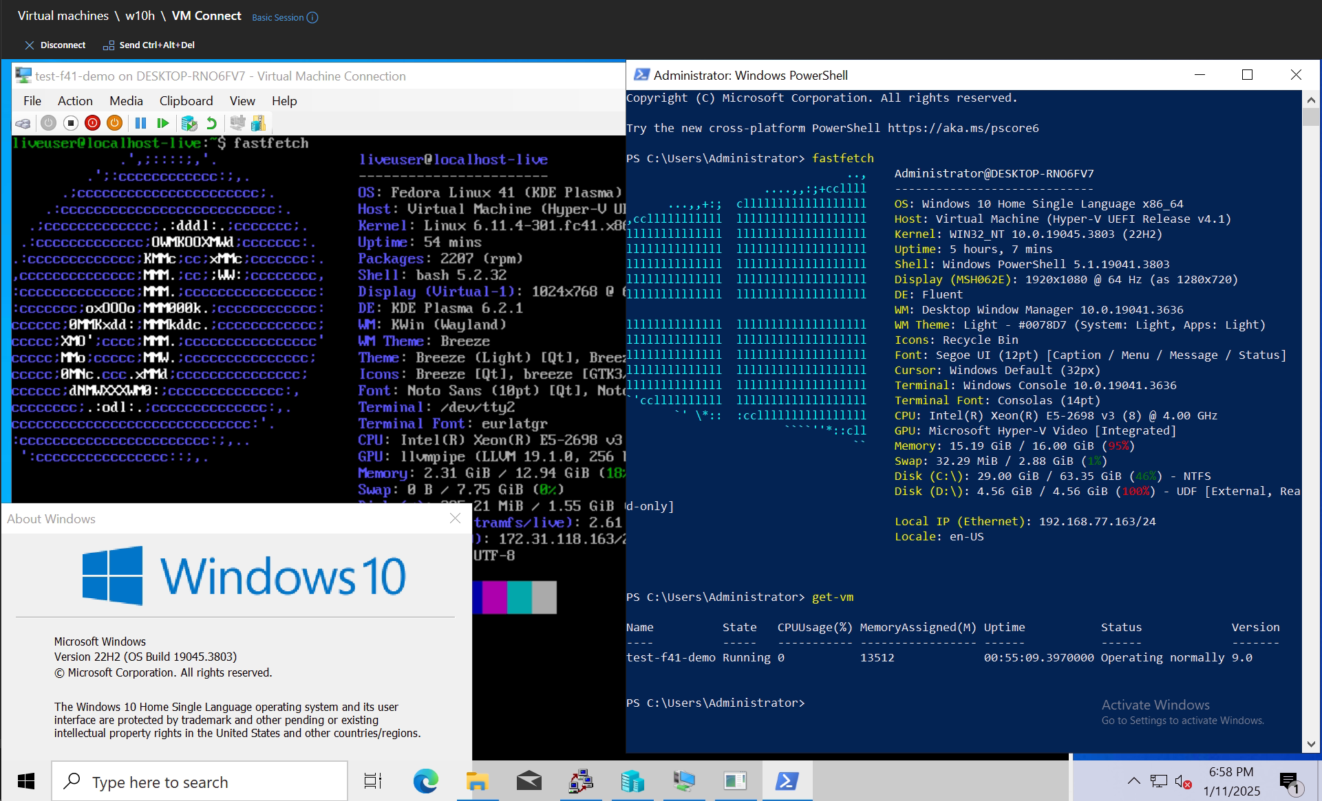 A picture showing Hyper-V Mangager MMC and a local VM console on screen beside winver on a Windows 10 Home Single Language virtual machine