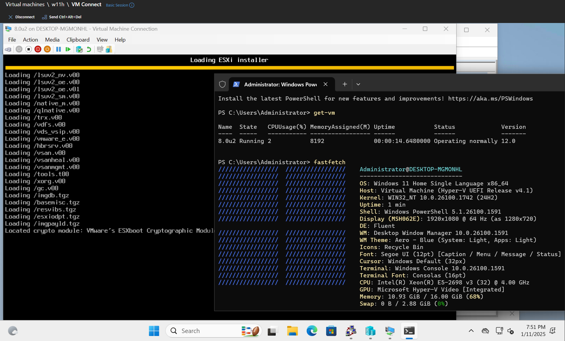 A picture showing Hyper-V Mangager MMC and a local VM console on screen beside winver on a Windows 11 Home Single Language virtual machine