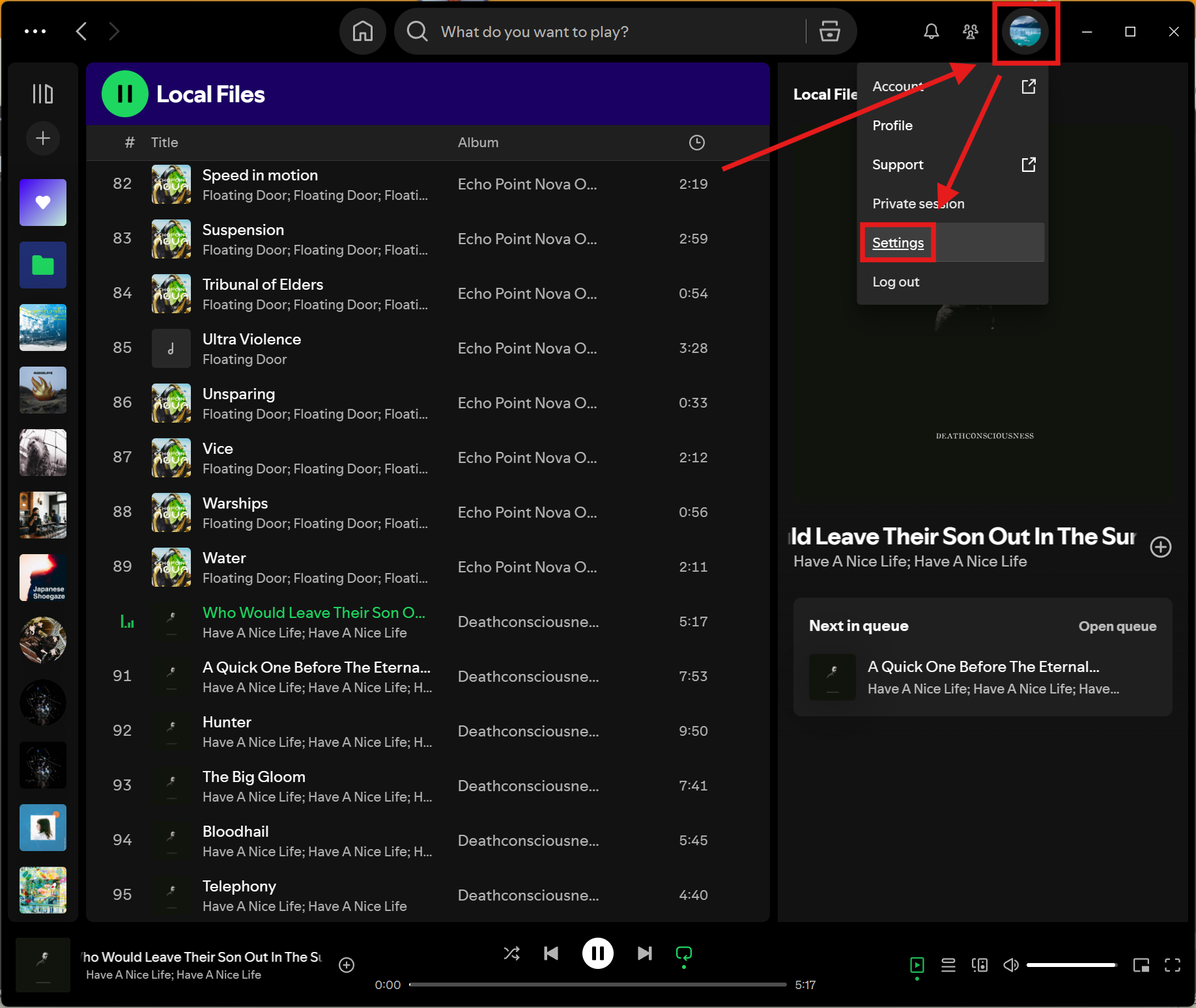 Screenshot of Spotify with profile icon > settings highlighted