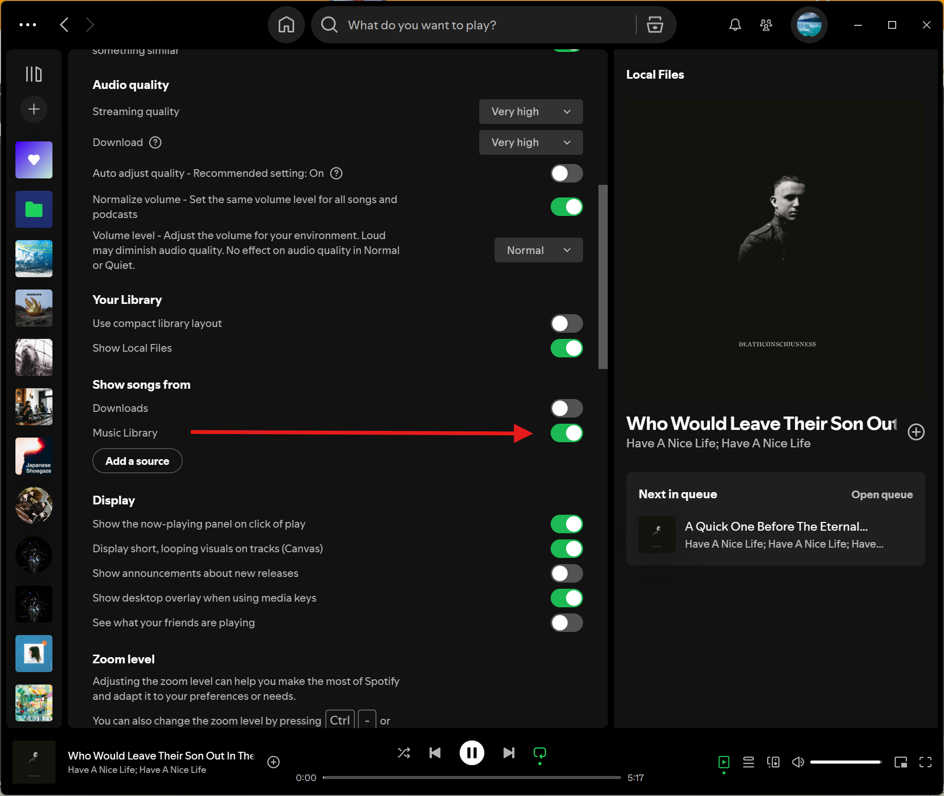 Screenshot of Spotify showing the toggle for the ~\Music directory