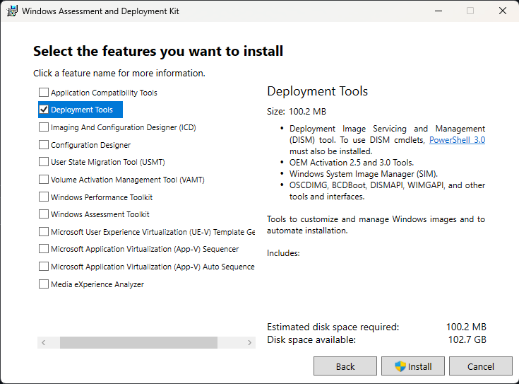 A screenshot of the Windows ADK installer with only the Deployment Tools package selected.