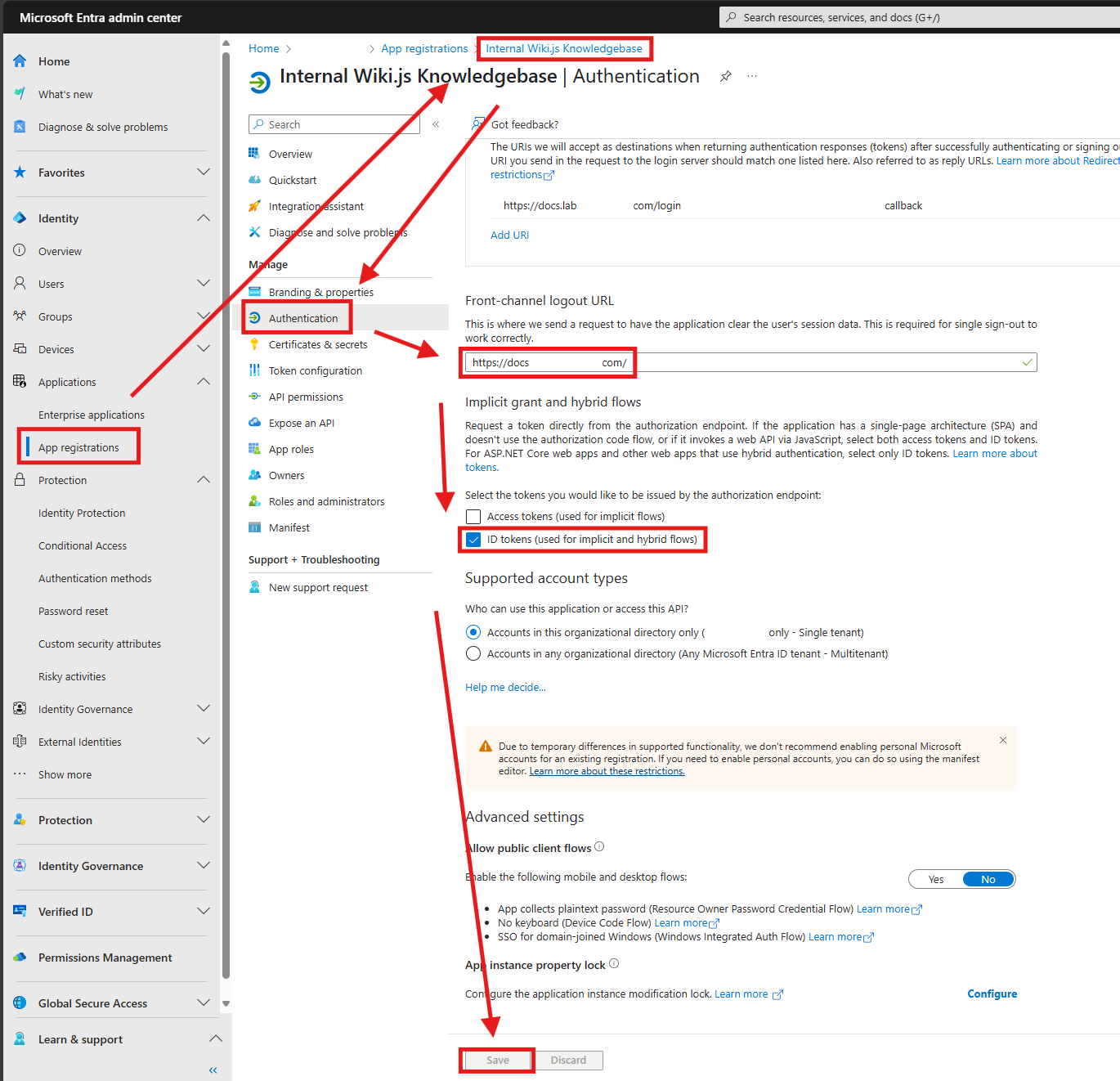 Configuring SSO to Entra ID - Authentication page under an App Registration