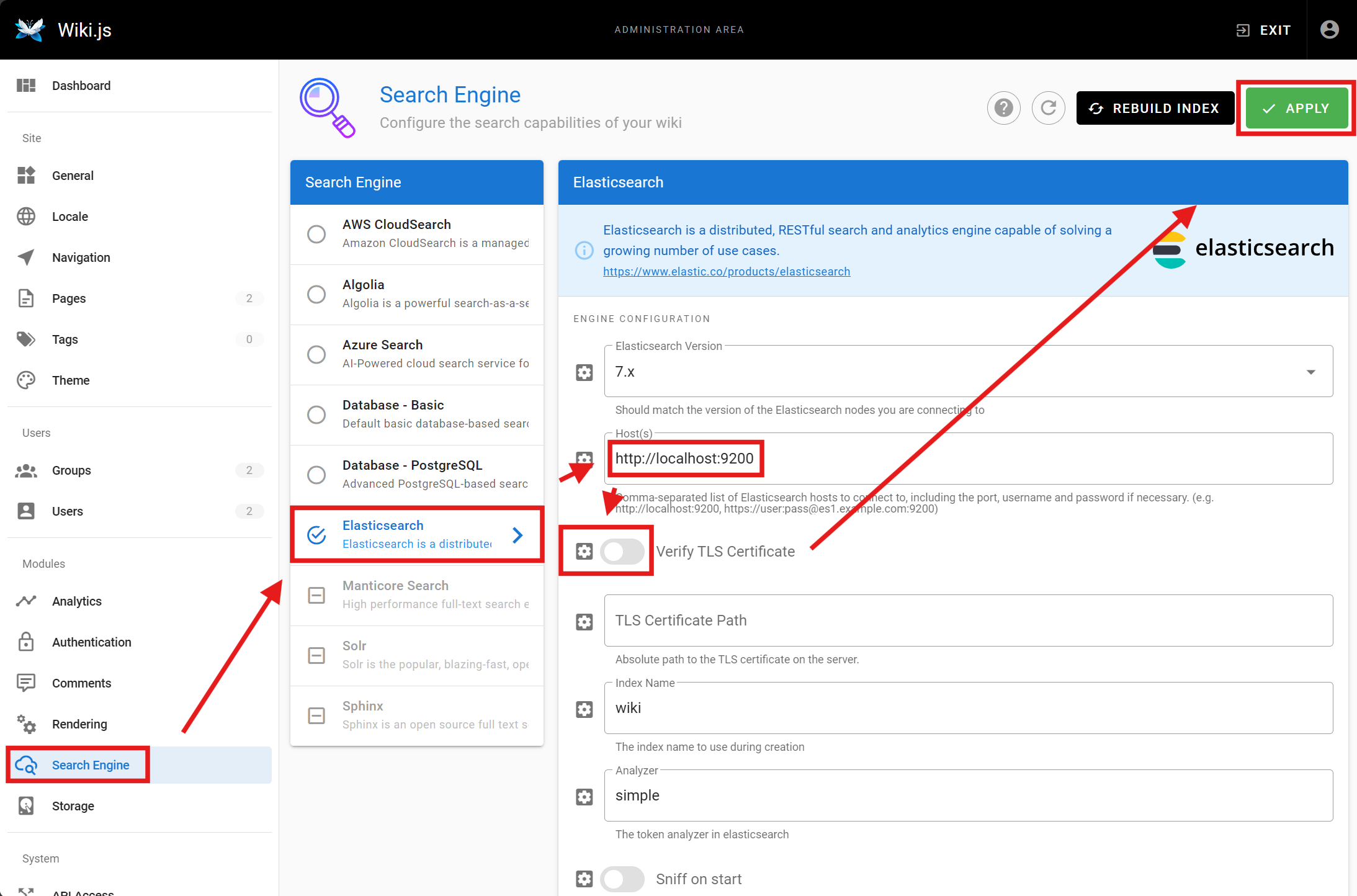 Configuring a search engine in Wiki.js