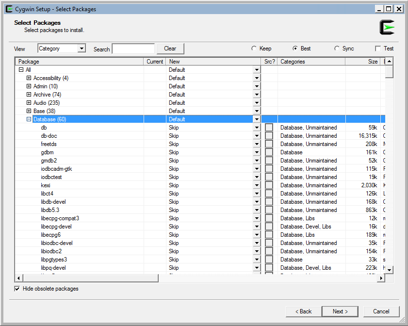 Screenshot of Cygwin Setup - Select Packages screen
