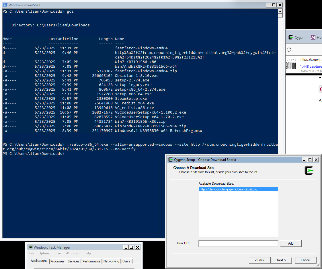 Screenshot of Cygwin installer showing sites